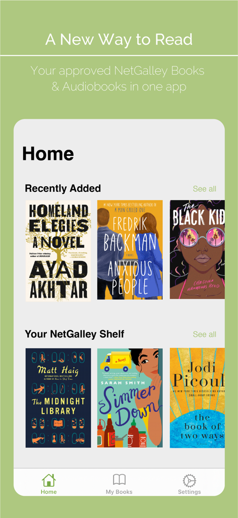 NetGalley Shelf - NetGalley Shelfアプリのホーム画面。レビュー用の最近追加されたデジタルブックのコレクションが表示されています。
