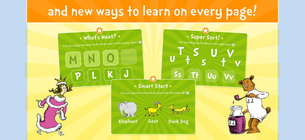 Dr. Seuss's ABC - Read & Learn - Interactive educational games for children featuring letter sequencing, phonics, and letter sorting in the Dr. Seuss ABC app.
