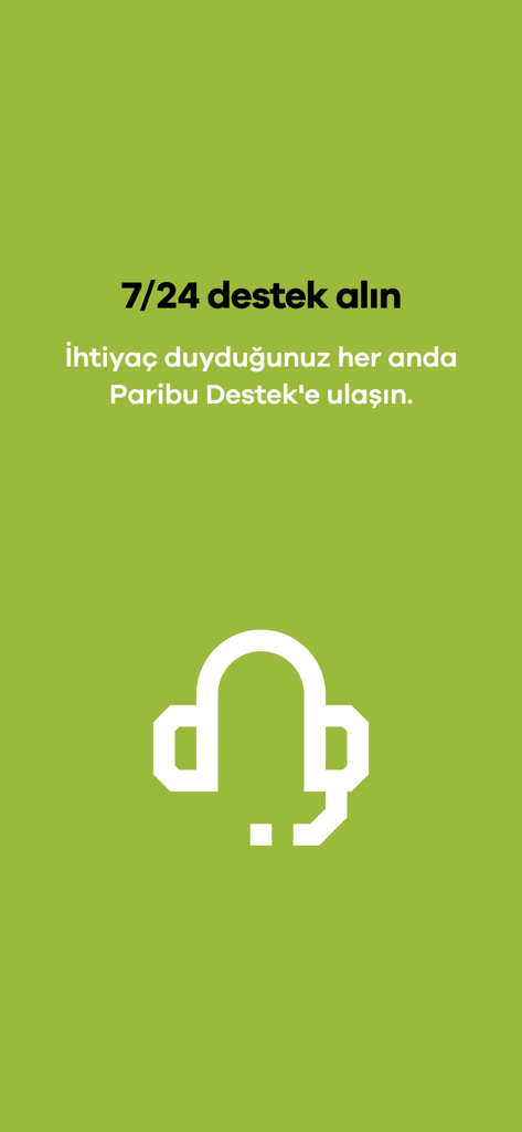 Paribu | Bitcoin - Crypto - Paribu Bitcoin and crypto app screen displaying 24/7 customer support contact information and headset icon