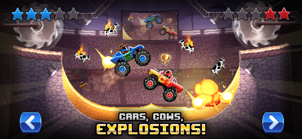 Drive Ahead! - Pixel Car Fight - Battaglia di monster truck in pixel art in un'arena con mucche che cadono ed esplosioni