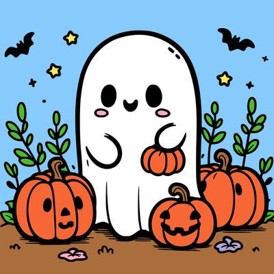 cute ghost with pumpkins