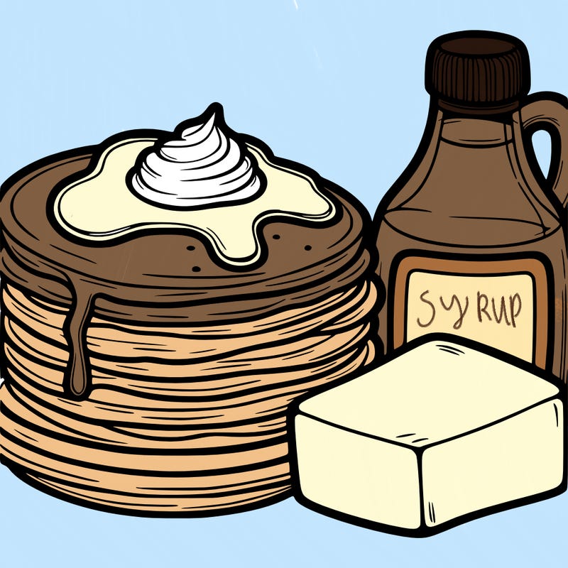 a stack of pancakes and syrup and a block of butter