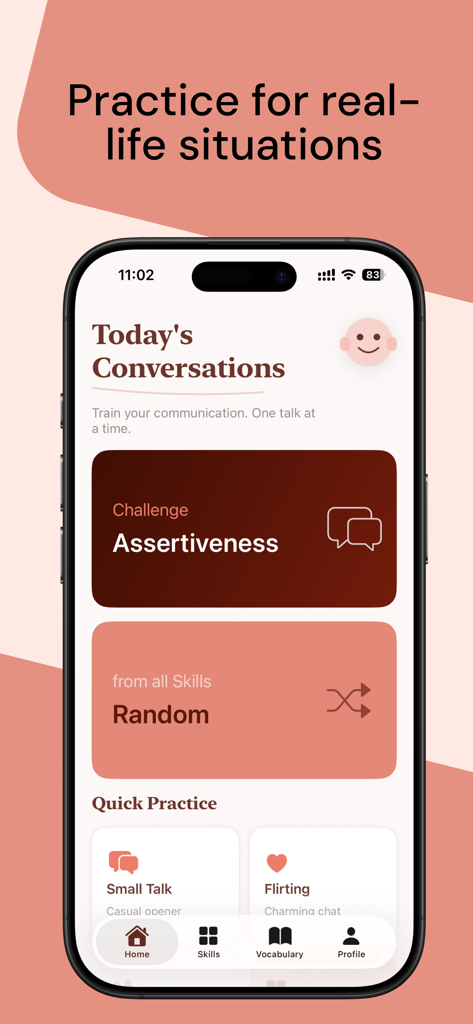 Toky: AI Communication Coach - Pantalla de inicio de la app Toky mostrando desafíos de conversación diarios que incluyen práctica de asertividad, charla trivial y coqueteo.