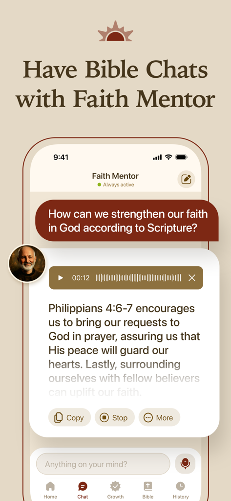 Faith Mentor - AI Bible Chat - Interface of Faith Mentor app showing an AI conversation about strengthening faith through scripture