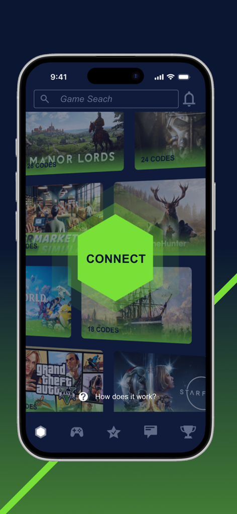 PLITCH Companion App - Mobile interface of the PLITCH Companion App displaying a searchable library of PC games like Starfield and GTA V with a central green connect button