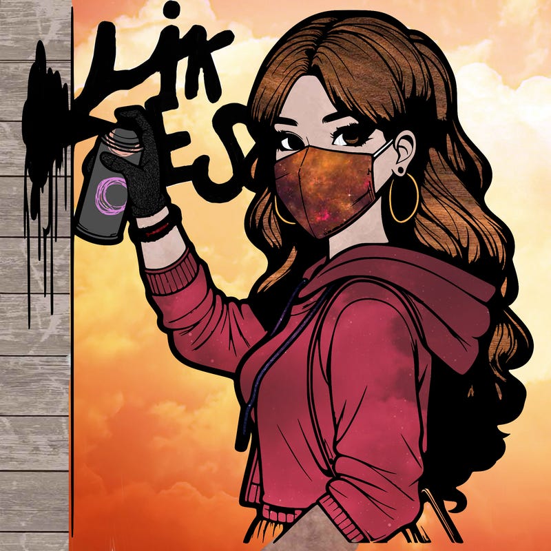 realistic girl with mask spray painting a wall