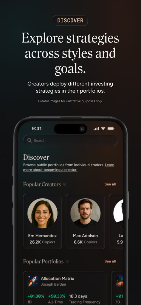 A smartphone display showing the Discover tab of the dub app where users can browse popular creators and investment portfolios.