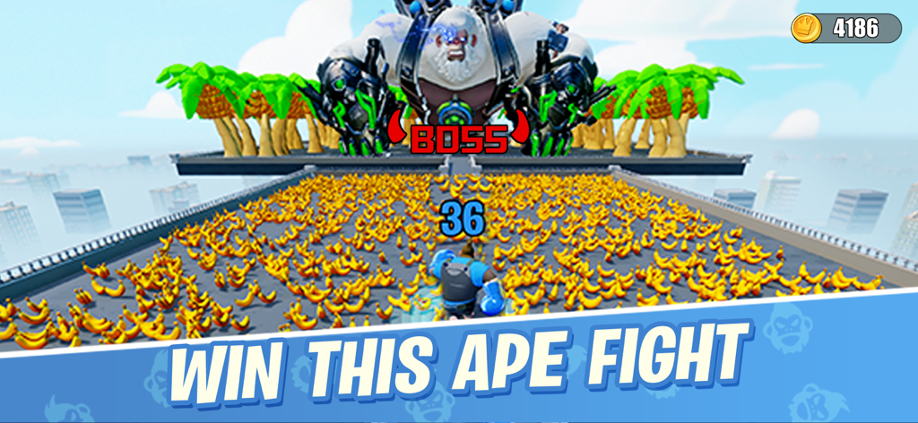 A blue monkey hero facing a giant mechanical white ape boss on a path covered in bananas