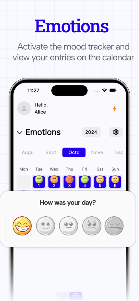 Daily Journal: ULY - Daily Journal ULY app screen showing a mood tracker calendar with daily emoji entries and a mood selection prompt.