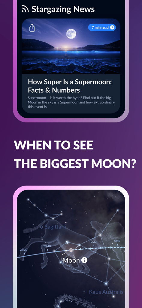 Sky Tonight app screen showing supermoon news and moon trajectory on a star map.