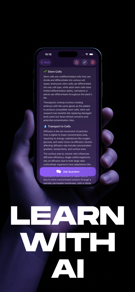 A hand holding a smartphone showing AI generated biology notes on the Reiwa Note app interface