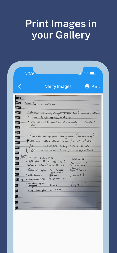 iPrintアプリのインターフェース。写真ギャラリーから印刷する手書きのメモが表示されています