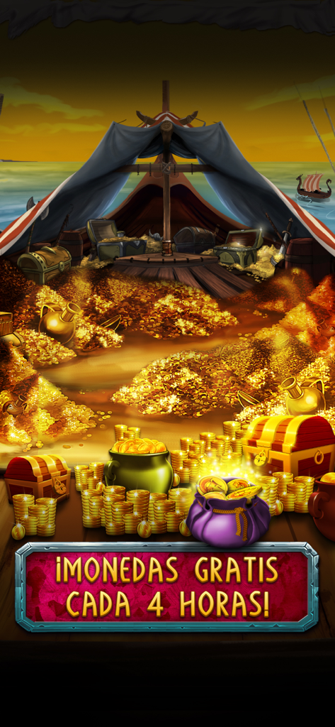 Vikingos – Máquina Tragaperras - Viking ship filled with gold treasure and a sign for free coins every four hours