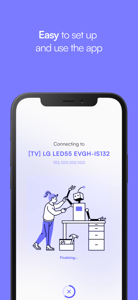 Pantalla de smartphone que muestra el proceso de conexión y configuración sencilla de la aplicación de control remoto LG TV