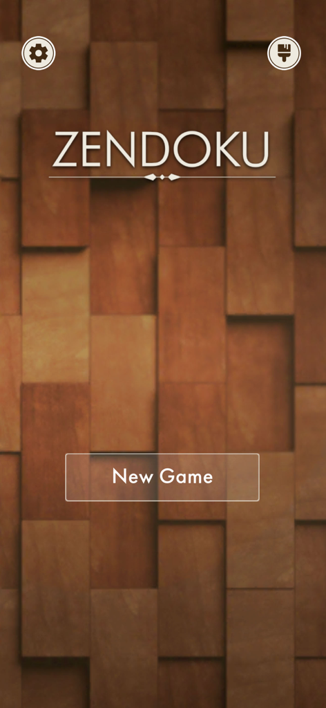 Zendoku block puzzle game title screen with a wooden block background
