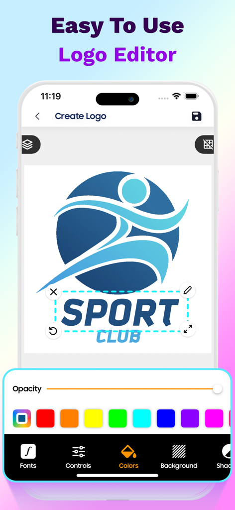 LogoX - AI Logo Maker - Interfaz de la aplicación móvil LogoX que muestra un editor fácil de usar para un logo de club deportivo.