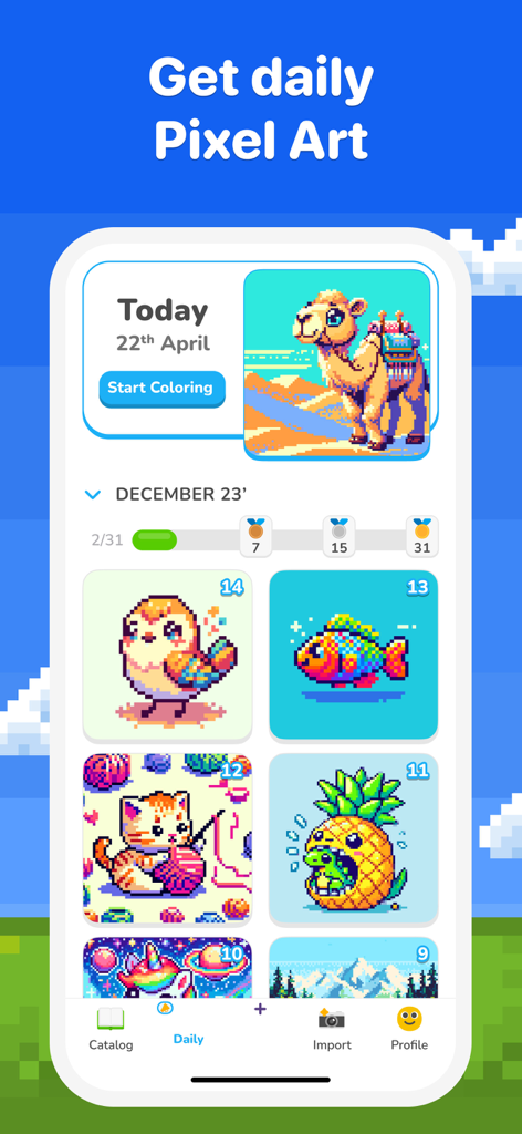 Daily pixel art gallery screen in the Pixel Color app featuring a camel bird and cat images for coloring.