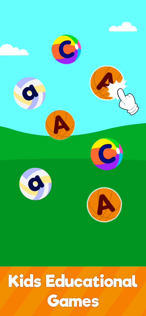 ABC Alphabet Learning for Kids - Un colorido juego educativo donde los niños tocan pelotas flotantes para aprender letras mayúsculas y minúsculas.