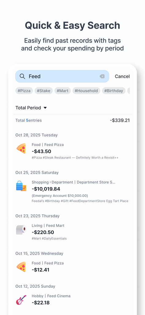 Feed MoneyBook Pro - A search interface in the Feed MoneyBook Pro app displaying a list of financial transactions organized by tags and dates with cute icons.