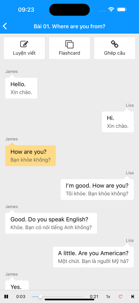 Dialogo bilingue inglese-vietnamita per la pratica della conversazione quotidiana in una schermata di app di apprendimento