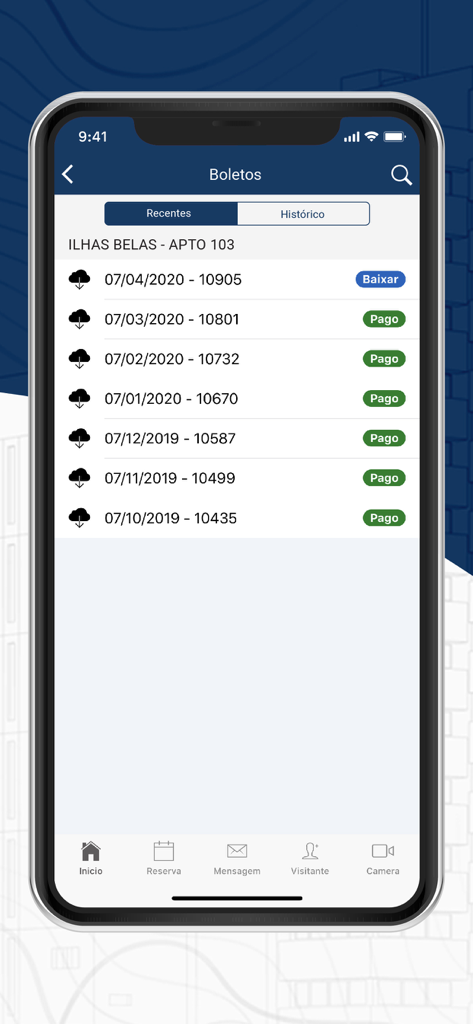 Tela de faturamento do aplicativo Bersi mostrando uma lista de faturas mensais com status de pago e download