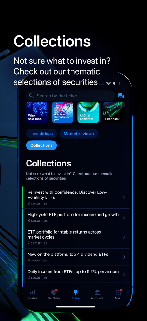 Interfaccia dell'app mobile Freedom24 che mostra portafogli di ETF tematici curati e collezioni di investimento