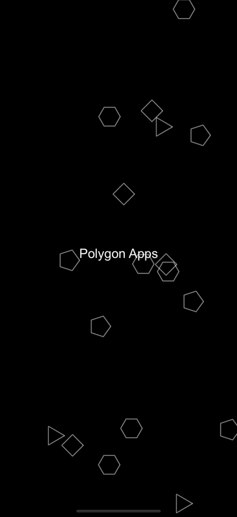 Pantalla de inicio de Polygon Apps con formas geométricas blancas flotantes sobre un fondo negro.