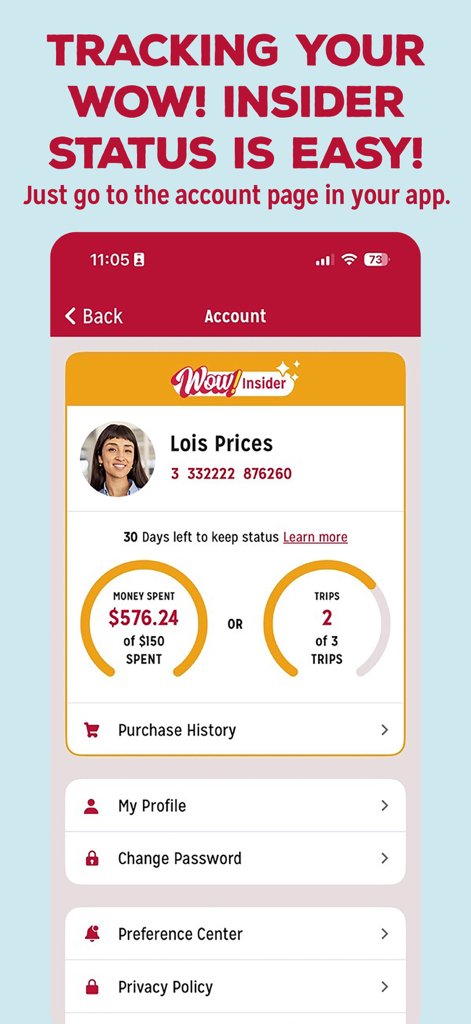 Bildschirm des WOW-Insider-Kontostatus in der Grocery Outlet App, der Ausgaben- und Reiserabschlusse zeigt