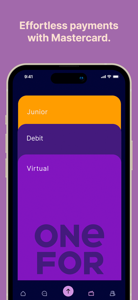 OneFor Money App - OneFor Money App interface displaying Junior, Debit, and Virtual Mastercard options.