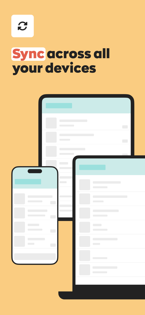 Grafik, die die Synchronisierung von inFlow Inventory über ein Smartphone, Tablet und einen Laptop zeigt