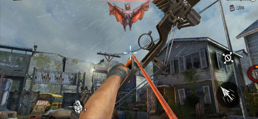 FPS gameplay showing a player aiming a bow at a flying mutant bat in a suburban setting