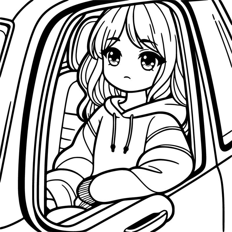 girl in a baggy jumper looking out of a car window