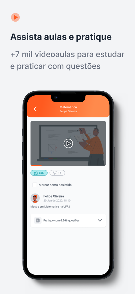 Qconcursosアプリで数学のビデオレッスンを表示するスマートフォン画面