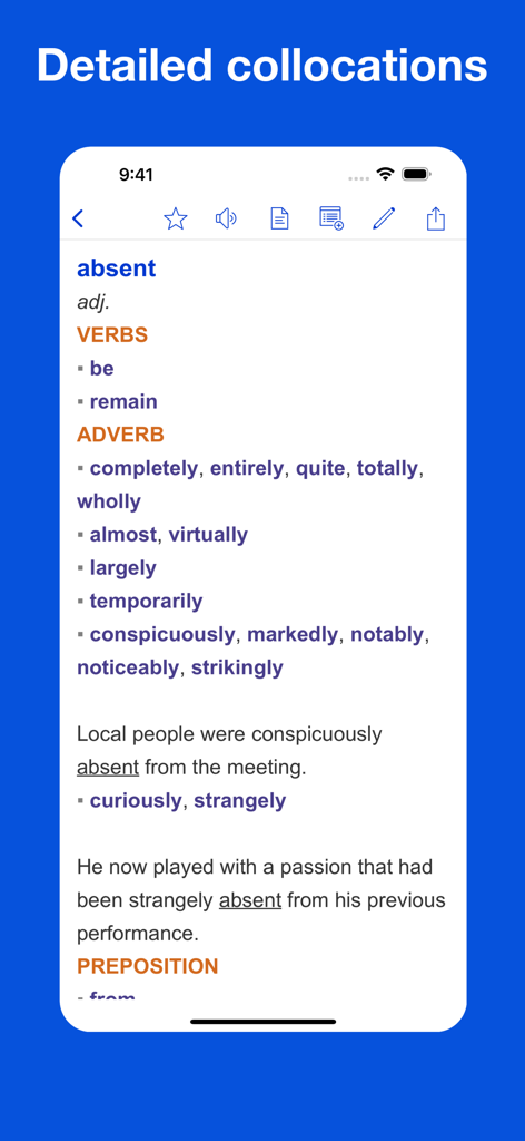 Detailed word entry in the Dictionary of Collocations app showing verb and adverb pairings for the word absent