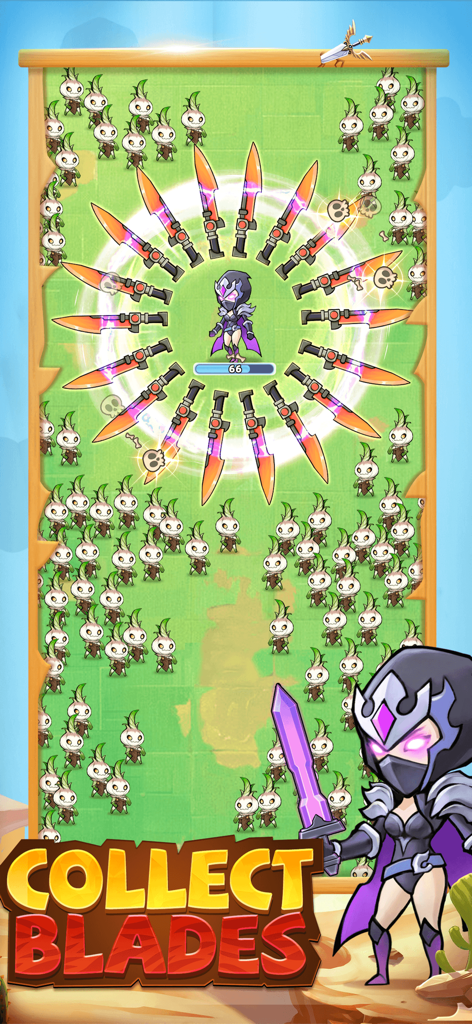 Hero Clash - Personagem de Hero Clash cercado por lâminas giratórias laranjas atacando pequenos monstros cebola