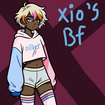 femboy with short hair wearing thigh highs and baggy crop top