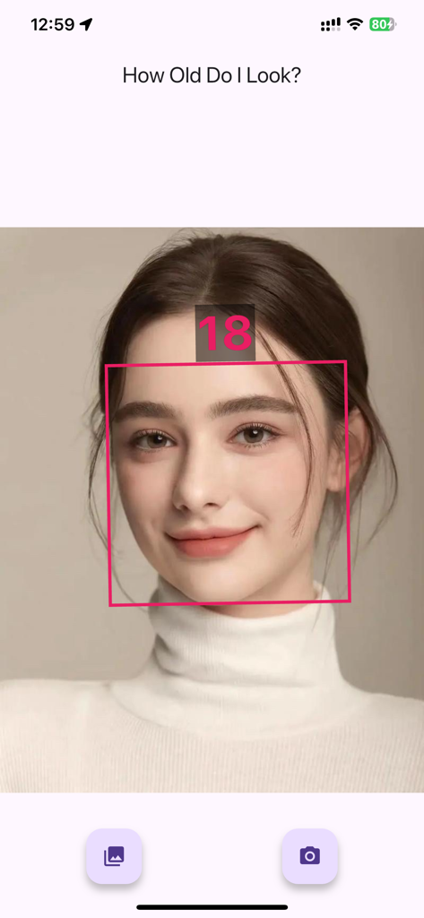 How Old Do I Look? Age Camera - AI age detection app interface showing a young woman's face with a prediction of eighteen
