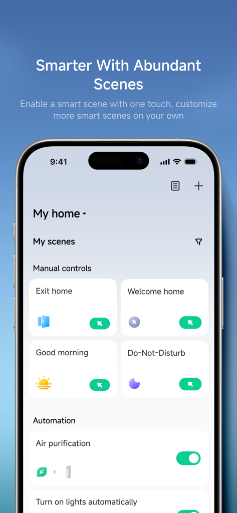 Xiaomi Home app dashboard showing smart scene controls and automation settings