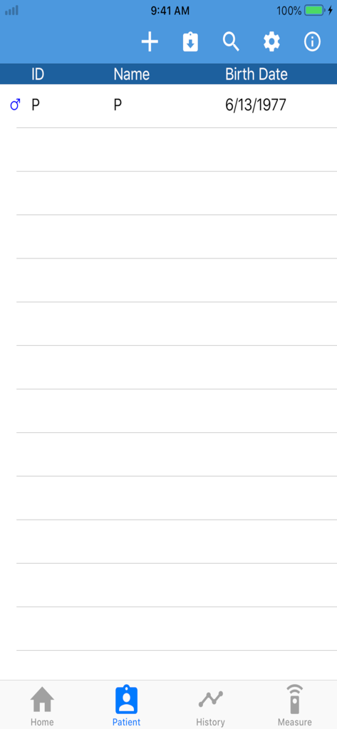 BeeTLe QUS - ID, 이름, 생년월일이 포함된 레코드 목록을 보여주는 BeeTLe QUS 앱의 환자 관리 화면