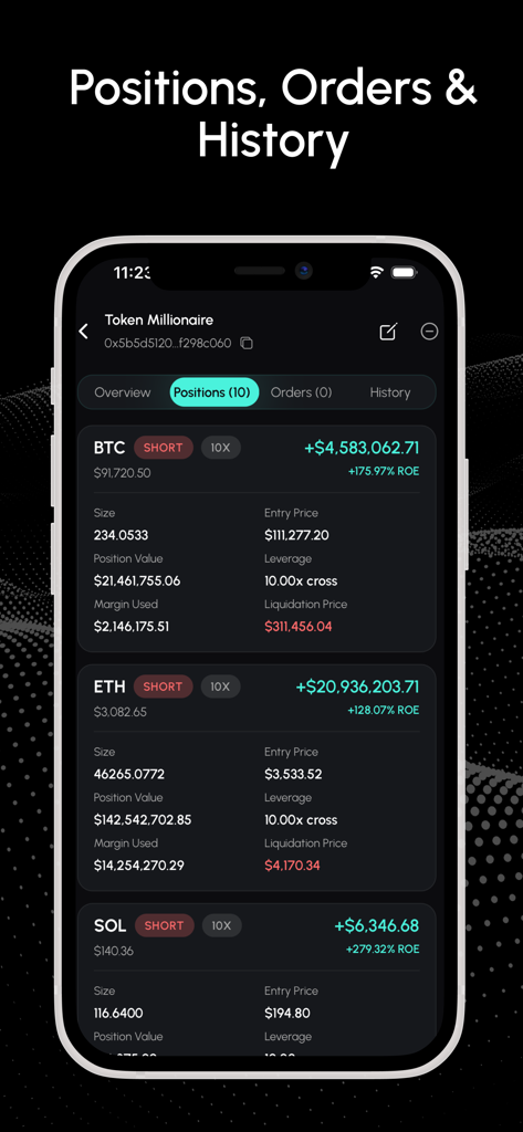 Mobile app interface of Hyperliquid Tracker showing open trading positions for Bitcoin, Ethereum, and Solana with profit and loss data.