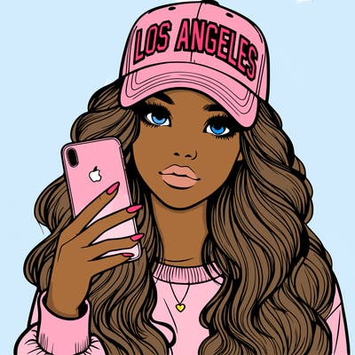 realistic beautiful girl wearing los ángeles cap holding an iphone