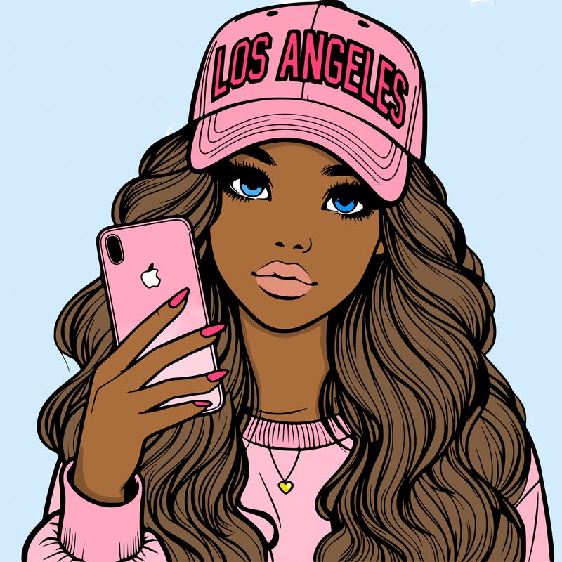 realistic beautiful girl wearing los ángeles cap holding an iphone