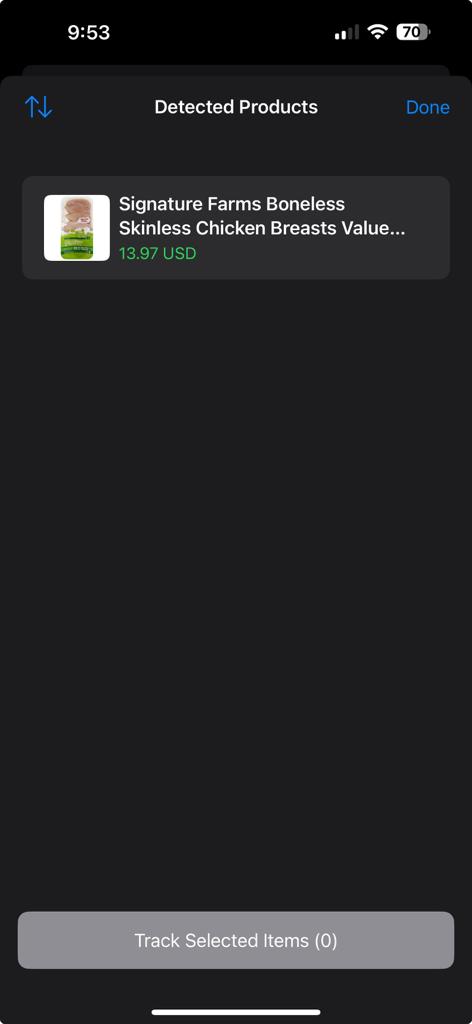 Una pantalla en la aplicación Navegador de Precios Lio que muestra un artículo de comestibles detectado con su precio actual listo para rastrear