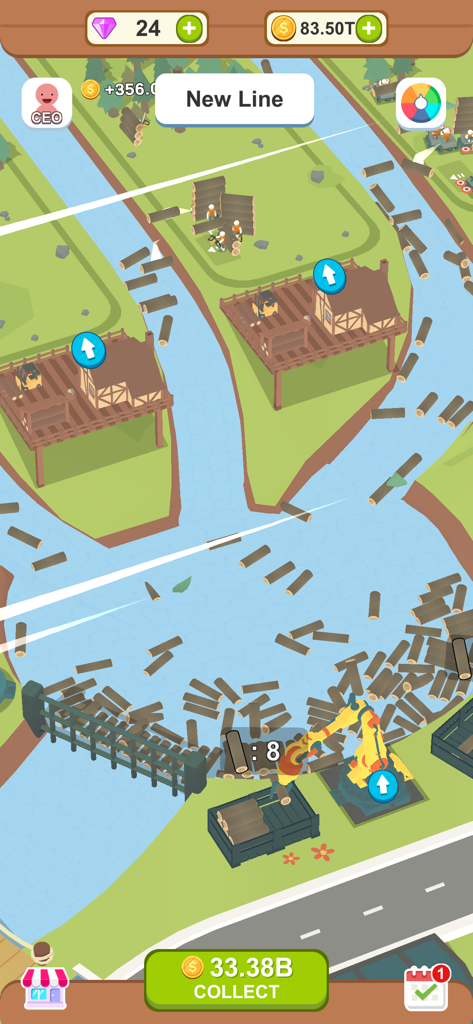 Aquatic Logging Factory - Top down view of Aquatic Logging Factory gameplay with logs floating in rivers towards a crane