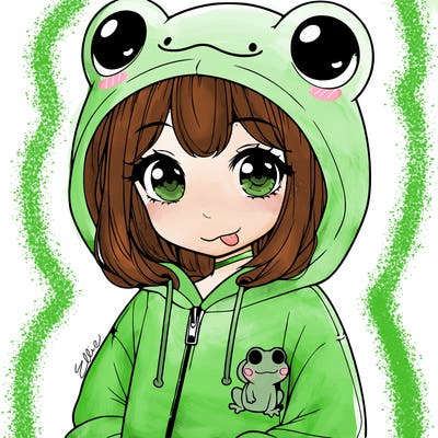 cute realistic girl in a froggy hoodie