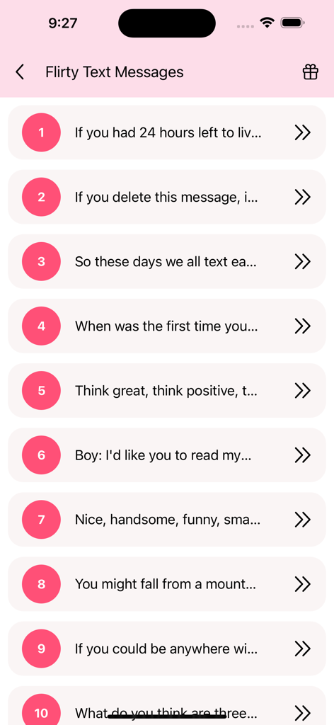 Best Romantic Love Quotes - A screen from the Best Romantic Love Quotes app showing a numbered list of flirty text message starters.