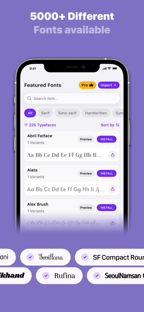 Fonts - Find, install any font - iPhone에 설치할 수 있는 세리프 및 손글씨와 같은 다양한 글꼴을 보여주는 글꼴 앱 인터페이스.