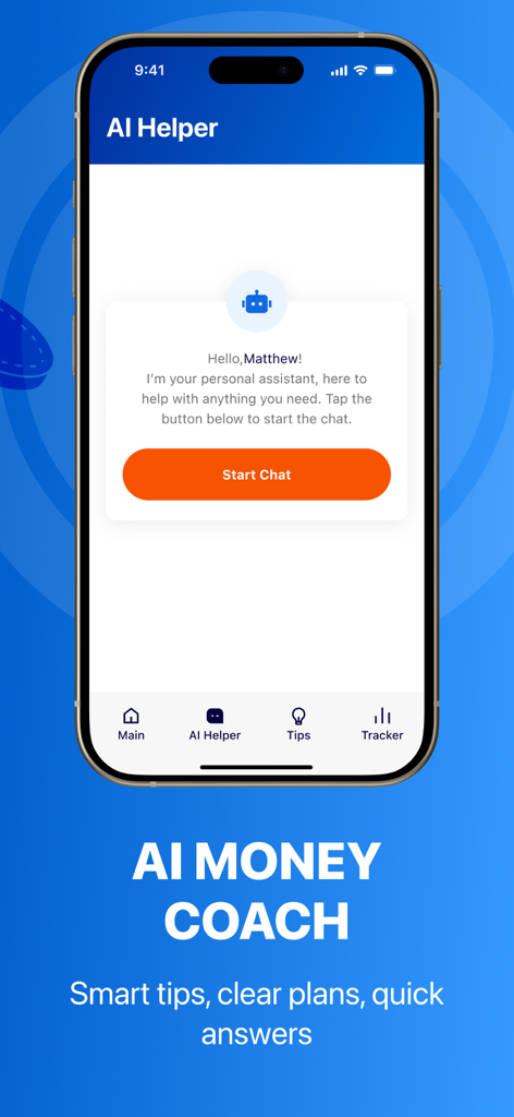 Cash Advance & Borrow by Noble - The Noble app AI Money Coach interface featuring a personalized financial assistant and a start chat button.