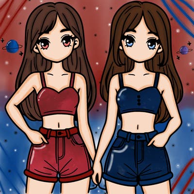 two sisters with crop tops and jean shorts and straight hair