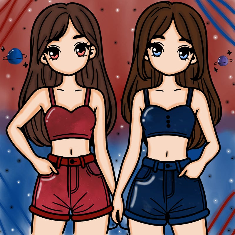 two sisters with crop tops and jean shorts and straight hair